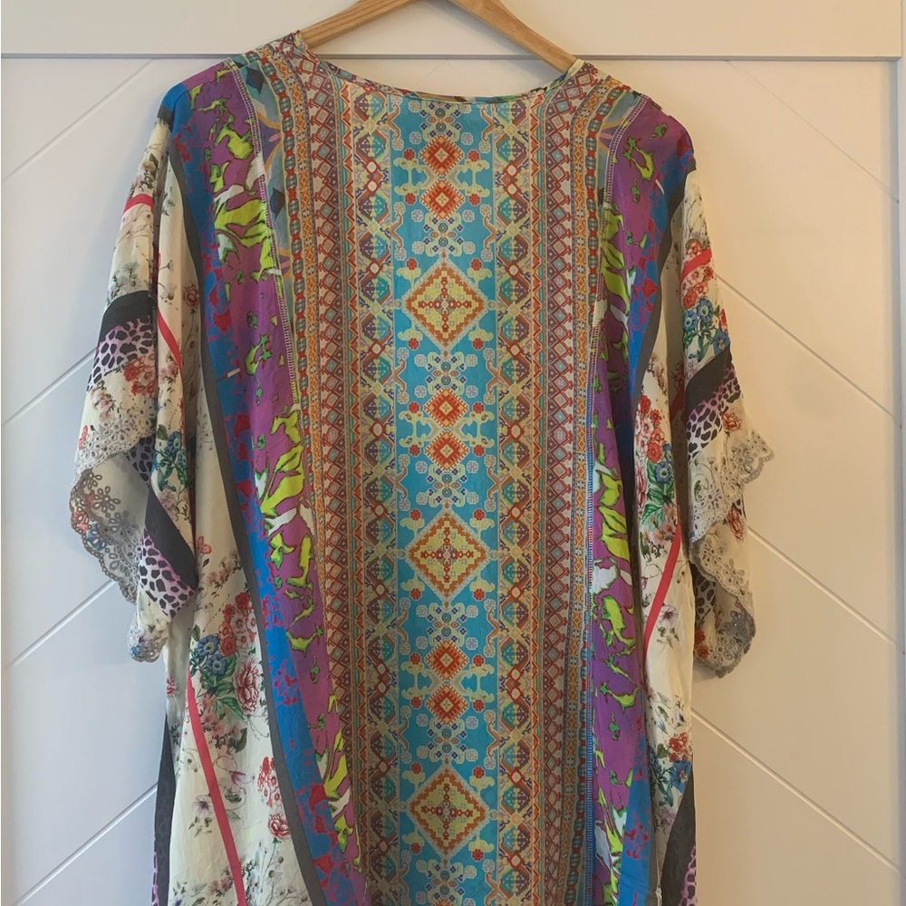 Johnny Was Floral Mixed Media Split-Neck Scallop Hem Georgette Blouse - Picture 6 of 6